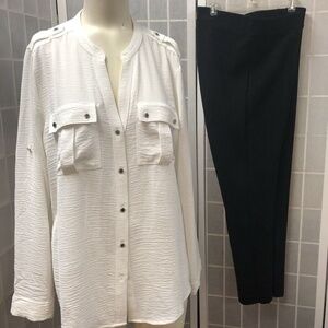 Calvin Klein,Woman,Blouse White+Pant Black suits,Sz M,Pockets,Long Sleeve.!